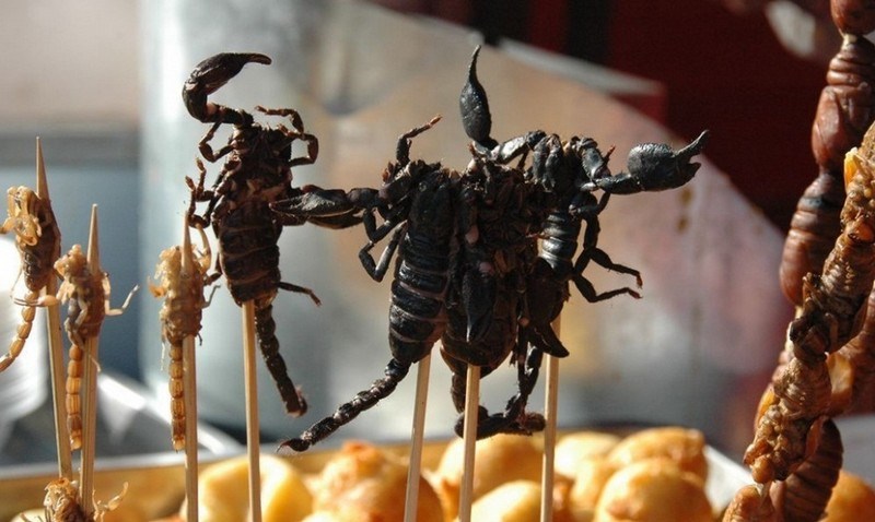 Bọ cạp đen xiên ở Chợ đêm Dong Hua Men - món ăn kỳ lạ tại Trung Quốc